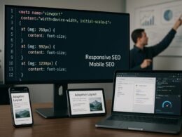 Modernes Arbeitsumfeld mit Monitor, Smartphone, Tablet und Laptop, die Responsive Webdesign und mobiles SEO demonstrieren, mit einem Techniker im Hintergrund