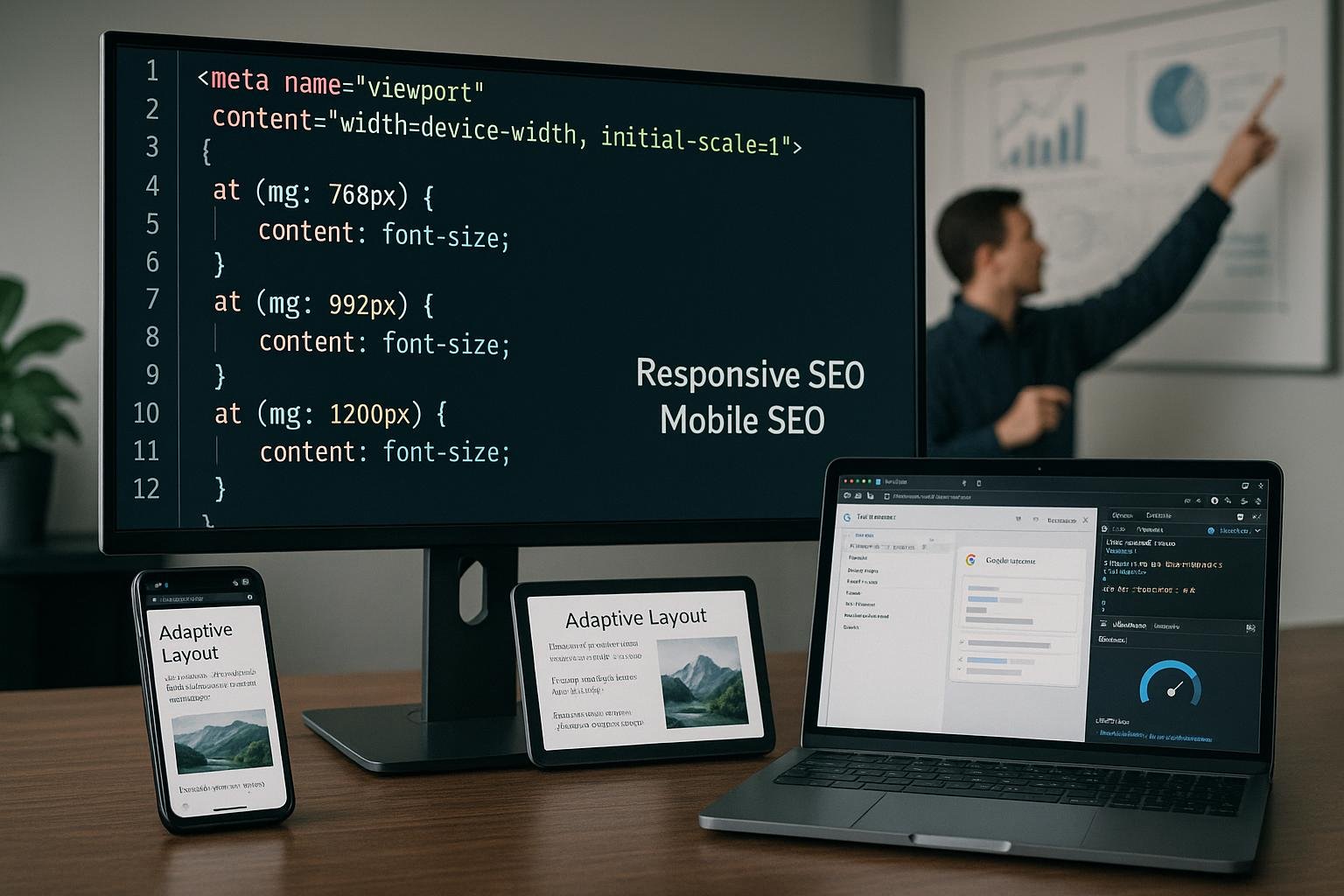 Modernes Arbeitsumfeld mit Monitor, Smartphone, Tablet und Laptop, die Responsive Webdesign und mobiles SEO demonstrieren, mit einem Techniker im Hintergrund