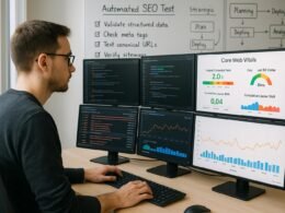Moderator Entwickler in einem hellen Büro mit mehreren Monitoren, die Dashboards, Core Web Vitals Visualisierungen und Performance-Statistiken zeigen, im Hintergrund Whiteboards mit Checklisten und Strategien für SEO-Tests