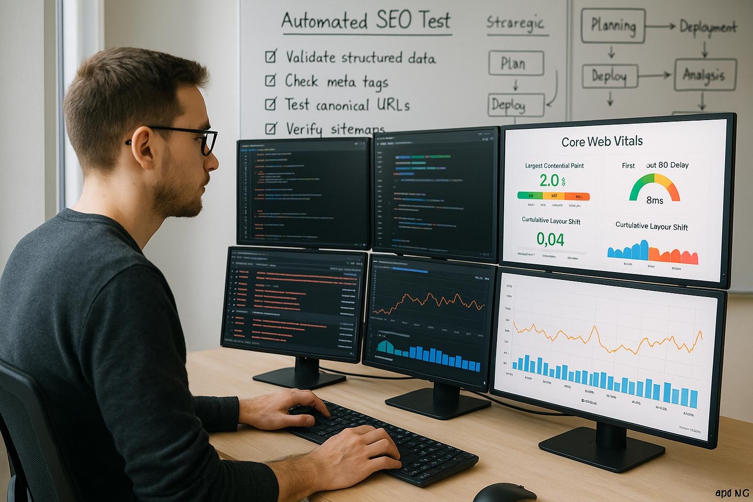 Moderator Entwickler in einem hellen Büro mit mehreren Monitoren, die Dashboards, Core Web Vitals Visualisierungen und Performance-Statistiken zeigen, im Hintergrund Whiteboards mit Checklisten und Strategien für SEO-Tests