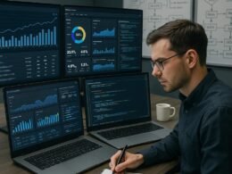 Ein professioneller Analyst in einem technischen Büro mit mehreren Monitoren, Whiteboards und Notizen, der sich auf Diagramme, KPIs und Code konzentriert.