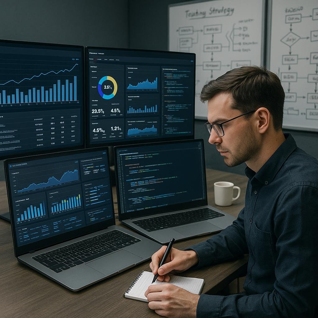 Ein professioneller Analyst in einem technischen Büro mit mehreren Monitoren, Whiteboards und Notizen, der sich auf Diagramme, KPIs und Code konzentriert.