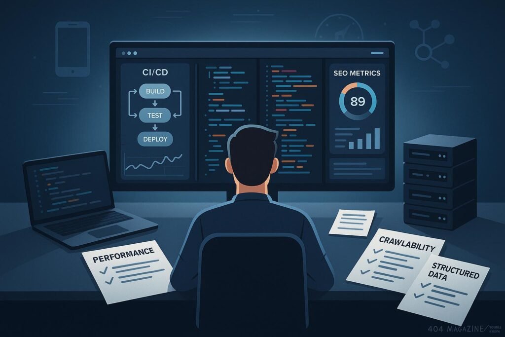 Moderner Arbeitsplatz mit Entwickler, der an einem Bildschirm mit CI/CD Dashboards, Code, SEO-Metriken und technischen Tools arbeitet, hervorhebung der digitalen Umgebung und Automatisierung