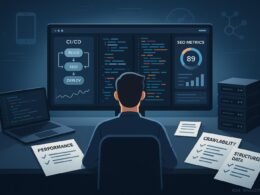 Moderner Arbeitsplatz mit Entwickler, der an einem Bildschirm mit CI/CD Dashboards, Code, SEO-Metriken und technischen Tools arbeitet, hervorhebung der digitalen Umgebung und Automatisierung