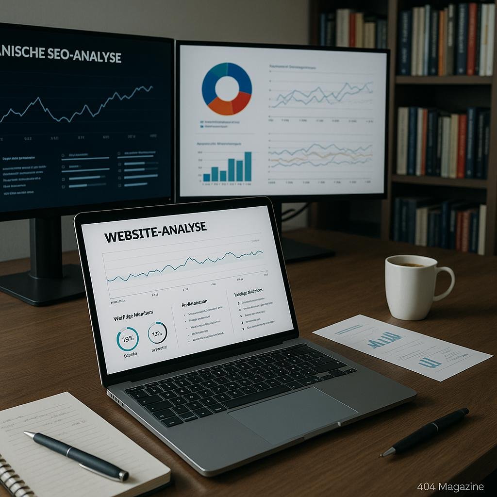 Moderner Arbeitsplatz mit Monitoren, Laptop, Notizblättern und Büchern, ideal für technische SEO-Analysen und strategische Planung