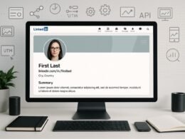 Modernes LinkedIn-Profil auf einem Desktop-Bildschirm mit technologischen Elementen wie Icons für Meta-Daten, Rich Media, Automatisierung, Tracking-Tools und API-Schnittstellen, auf einem strategisch eingerichteten Schreibtisch.