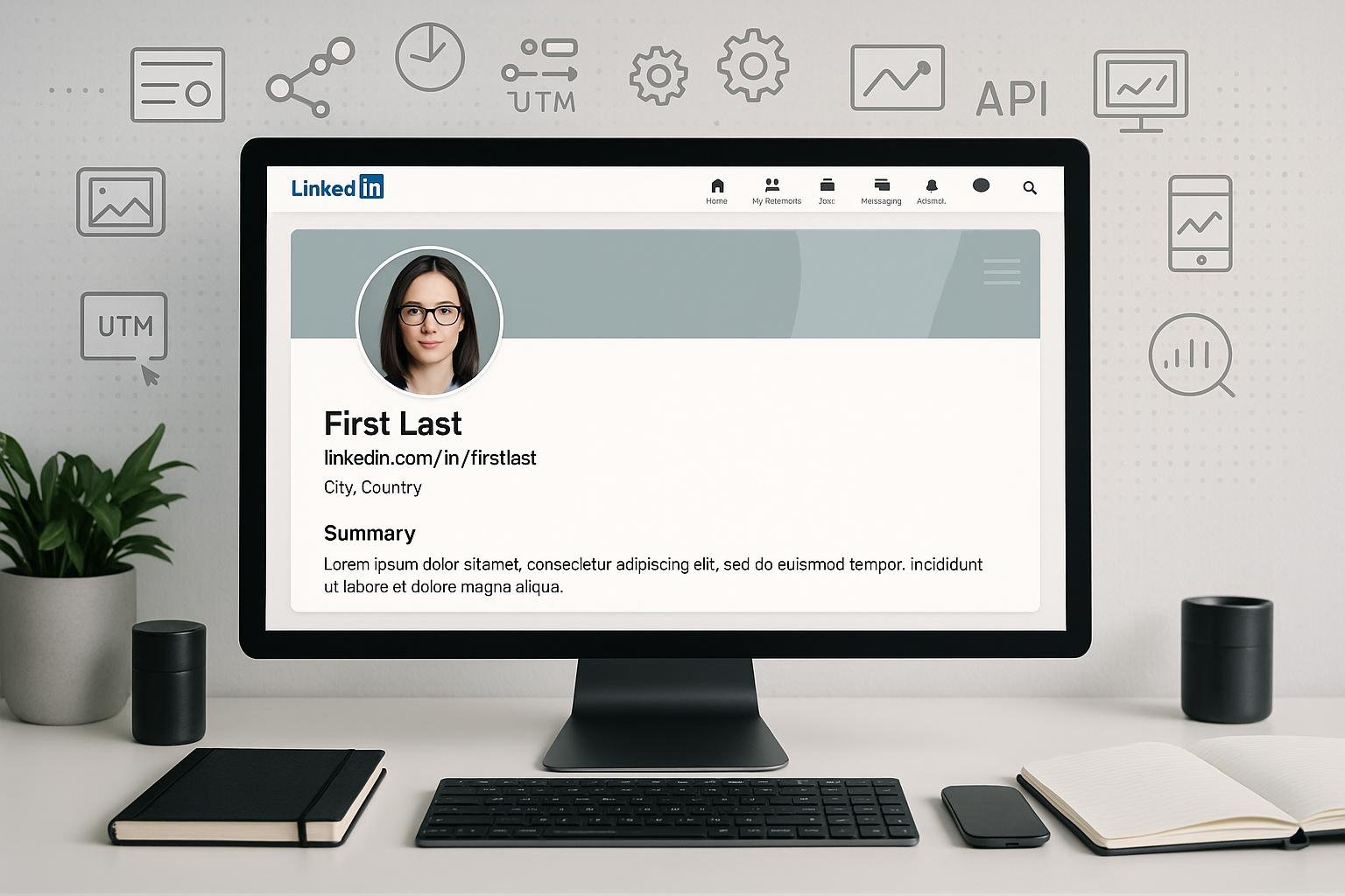 Modernes LinkedIn-Profil auf einem Desktop-Bildschirm mit technologischen Elementen wie Icons für Meta-Daten, Rich Media, Automatisierung, Tracking-Tools und API-Schnittstellen, auf einem strategisch eingerichteten Schreibtisch.