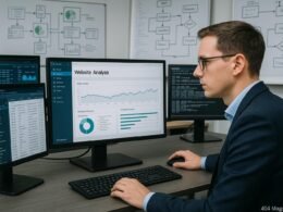 Technisches Büro mit mehreren Monitoren, Whiteboards mit Architektur-Skizzen und einer konzentrierten Person bei Website-Analyse, Credit: 404 Magazine (Tobias Hager)