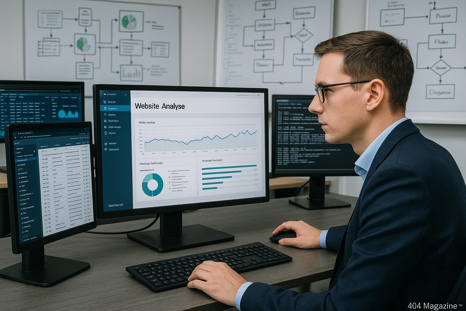 Technisches Büro mit mehreren Monitoren, Whiteboards mit Architektur-Skizzen und einer konzentrierten Person bei Website-Analyse, Credit: 404 Magazine (Tobias Hager)