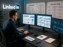 Person arbeitet an einem modernen Schreibtisch mit mehreren Monitoren, Analyse-Dashboards, Strategiekarten und technischer Ausstattung in einem produktiven Arbeitsumfeld.