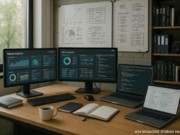 Ein technisches Arbeitszimmer mit großem Schreibtisch, mehreren Monitoren, Whiteboards und Regalen voller Bücher – ideal für SEO-Analysen und Fehlerbehebung.