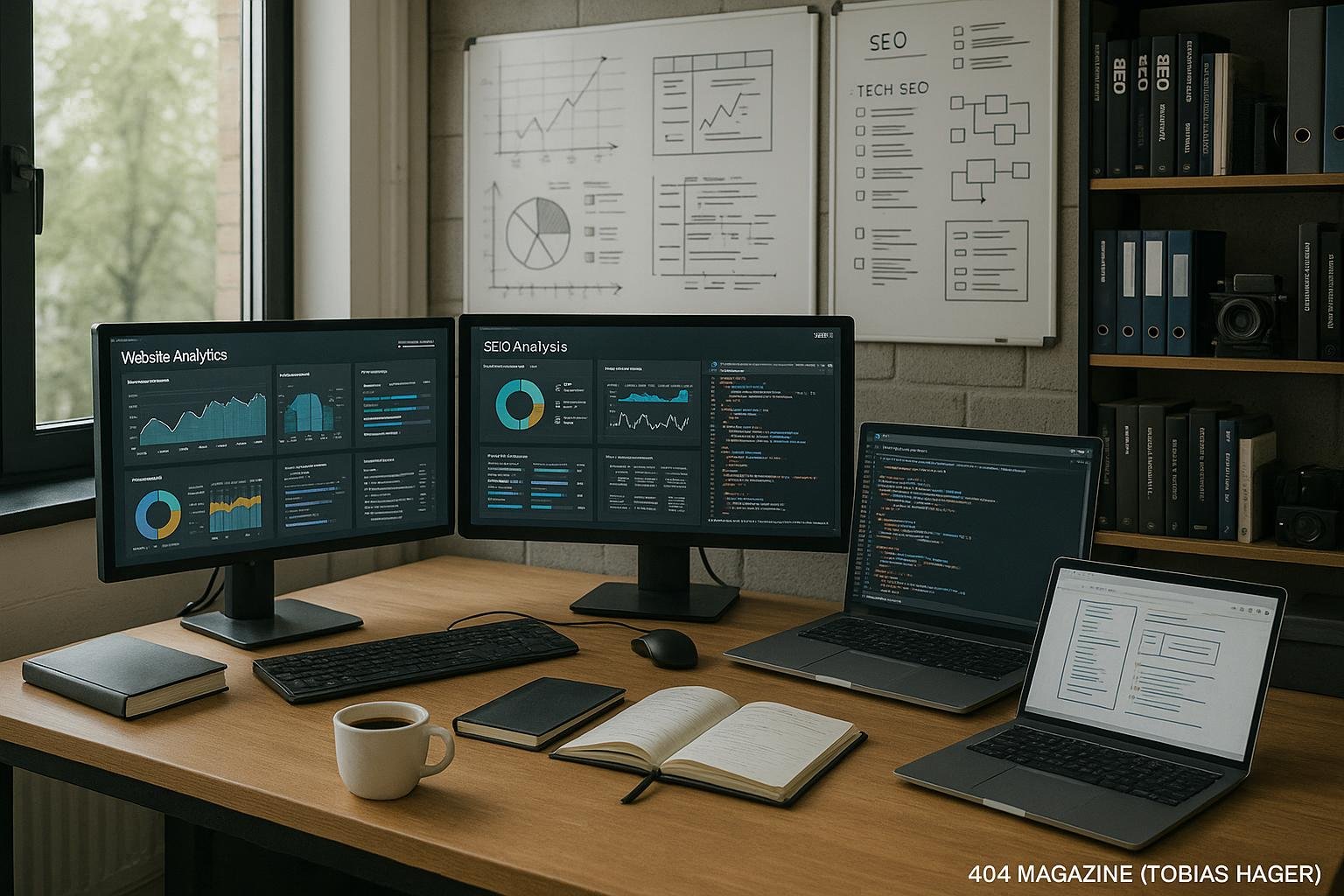 Ein technisches Arbeitszimmer mit großem Schreibtisch, mehreren Monitoren, Whiteboards und Regalen voller Bücher – ideal für SEO-Analysen und Fehlerbehebung.