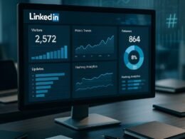 Dynamisches LinkedIn-Analytics-Dashboard vor einem modernen Arbeitsplatz mit Grafiken und Trendlinien, im Hintergrund elektronische Geräte und eine halb transparente Datenanzeige, die Hashtag-Analysen zeigt.