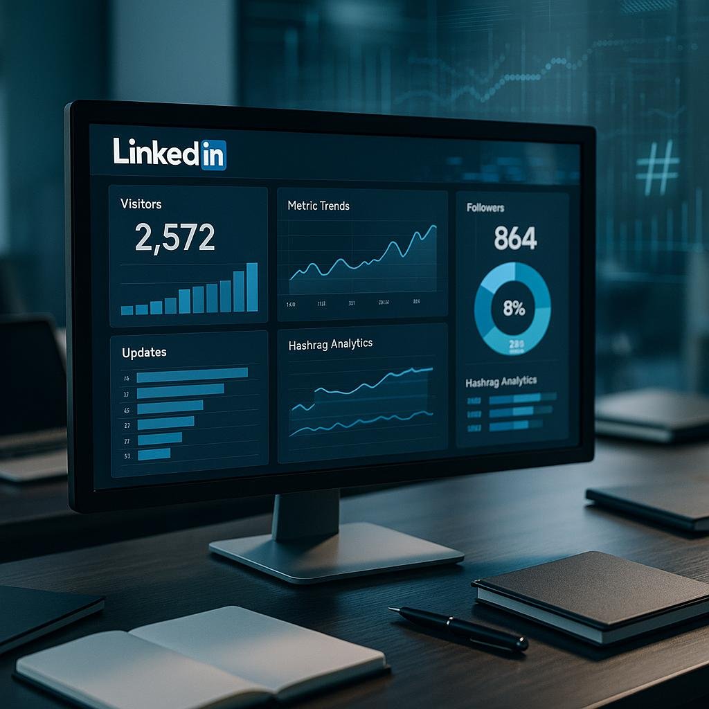 Dynamisches LinkedIn-Analytics-Dashboard vor einem modernen Arbeitsplatz mit Grafiken und Trendlinien, im Hintergrund elektronische Geräte und eine halb transparente Datenanzeige, die Hashtag-Analysen zeigt.