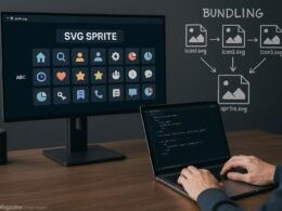 Moderner Arbeitsplatz für Webentwicklung mit SVG-Sprites auf Monitor, Entwickler beim Arbeiten am Laptop, Diagramme zum SVG-Bundling im Hintergrund, Credit: 404 Magazine (Tobias Hager)