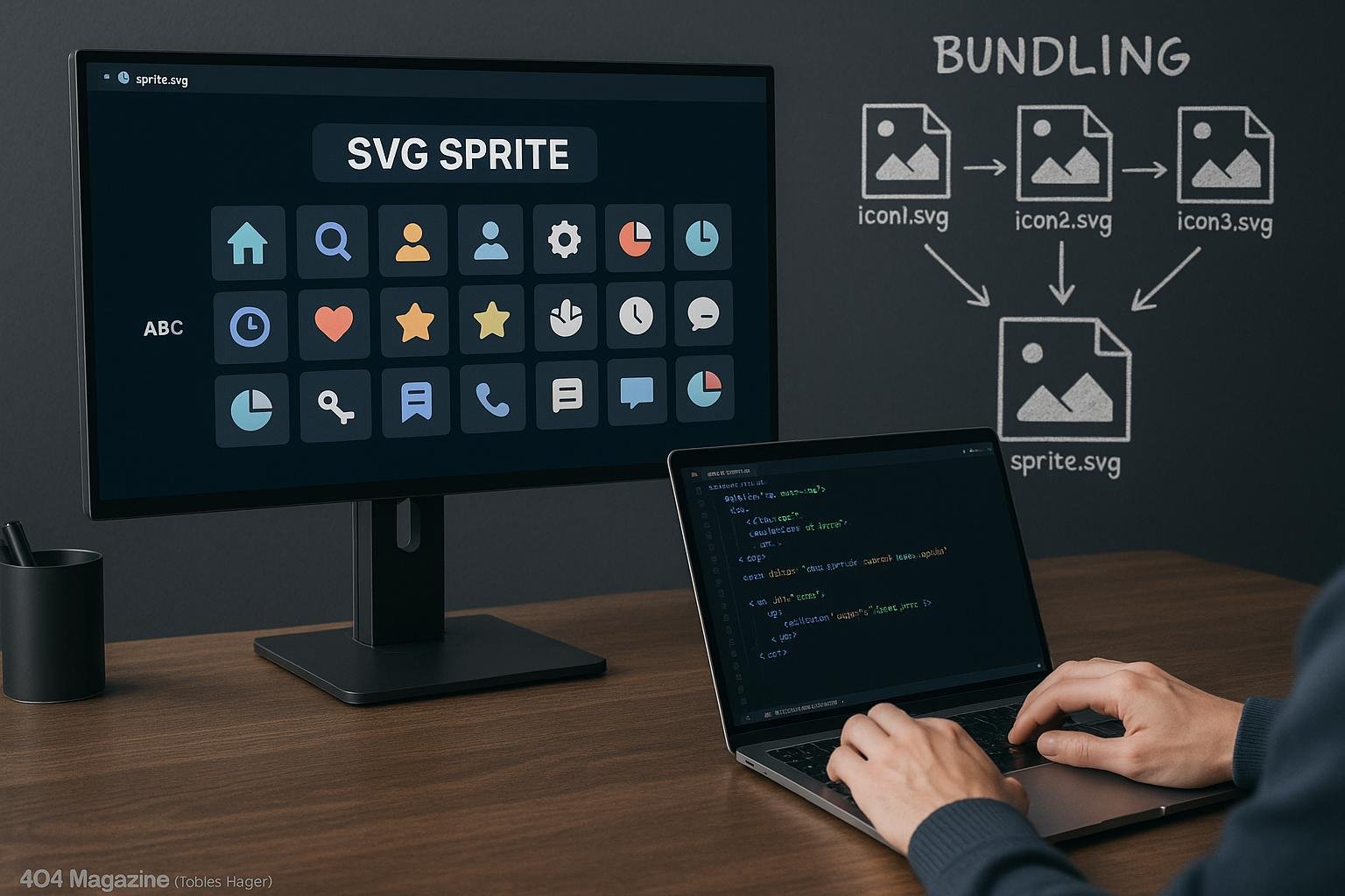Moderner Arbeitsplatz für Webentwicklung mit SVG-Sprites auf Monitor, Entwickler beim Arbeiten am Laptop, Diagramme zum SVG-Bundling im Hintergrund, Credit: 404 Magazine (Tobias Hager)