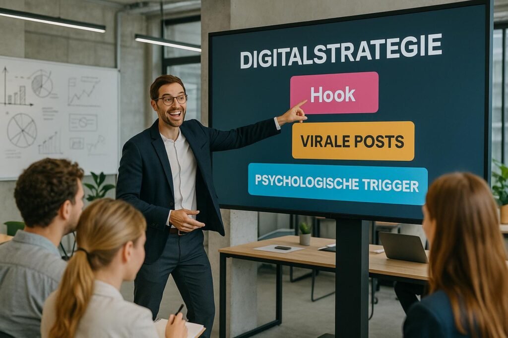 Geschäftsperson in Business-Mode zeigt auf einen großen Bildschirm mit bunten Textboxes zu Themen wie 'Hook', 'Virale Posts' und 'Psychologische Trigger', im modernen, hellen Arbeitsumfeld.