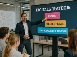 Geschäftsperson in Business-Mode zeigt auf einen großen Bildschirm mit bunten Textboxes zu Themen wie 'Hook', 'Virale Posts' und 'Psychologische Trigger', im modernen, hellen Arbeitsumfeld.