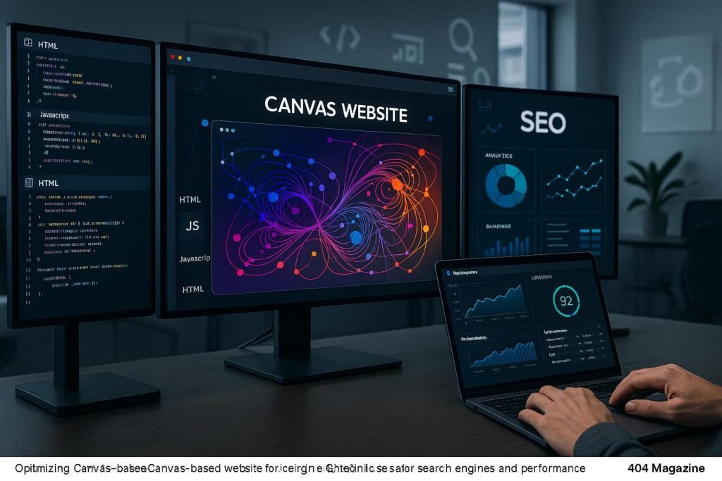 Digitaler Arbeitsplatz mit Monitoren, die Programmierung, Grafikdesign und SEO-Analysen für Canvas-basierte Websites zeigen