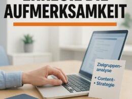 Dynamisches LinkedIn-Post-Layout mit großem Hook, Laptop, Notizbuch und Hand, die am Laptop tippt, im Hintergrund eine moderne Büroumgebung, helle Töne mit Blau- und Orang Akzenten.