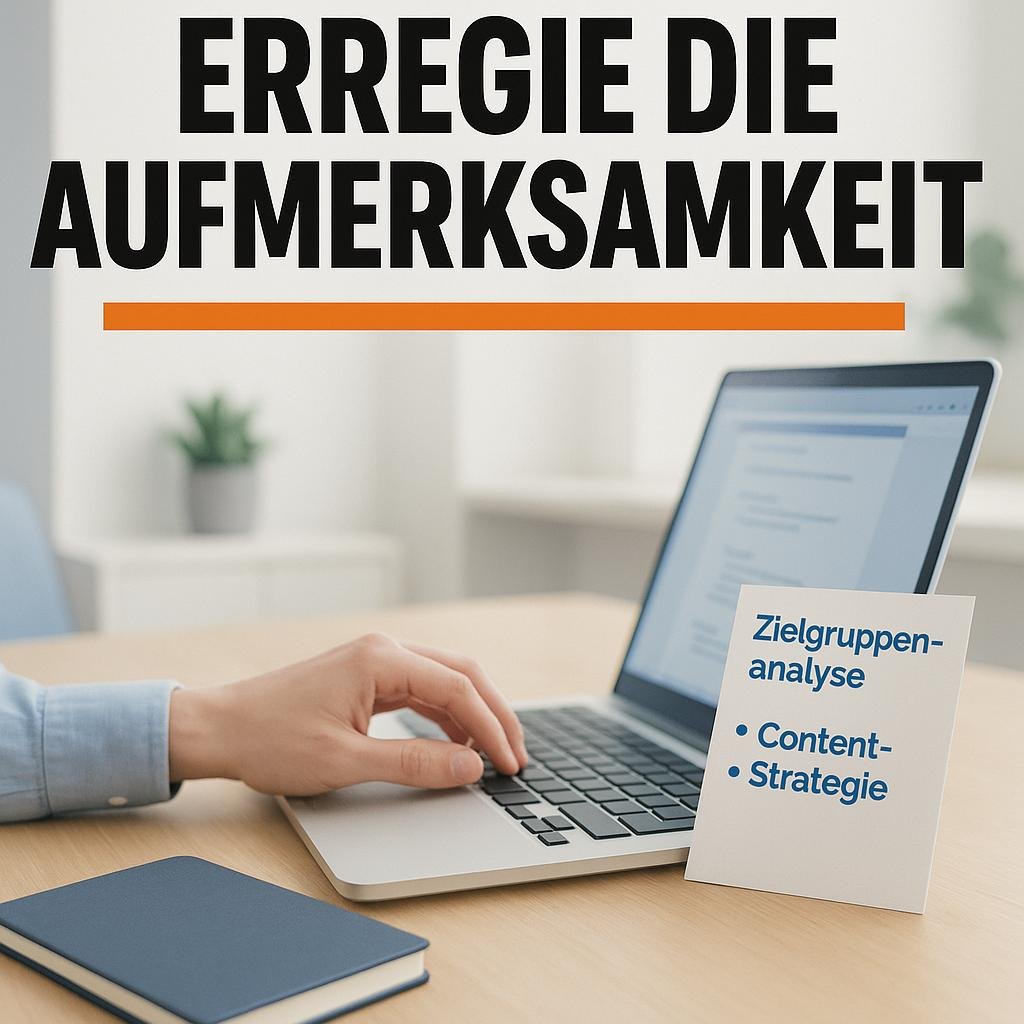 Dynamisches LinkedIn-Post-Layout mit großem Hook, Laptop, Notizbuch und Hand, die am Laptop tippt, im Hintergrund eine moderne Büroumgebung, helle Töne mit Blau- und Orang Akzenten.