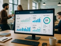 Modernes Büro mit Digitaldashboard, Kollegen in Diskussion und Entwickler bei der Arbeit, symbolisiert strategische Performance-Überwachung