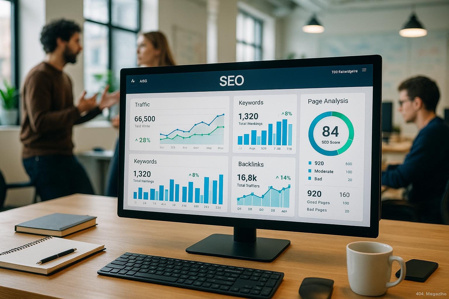 Modernes Büro mit Digitaldashboard, Kollegen in Diskussion und Entwickler bei der Arbeit, symbolisiert strategische Performance-Überwachung