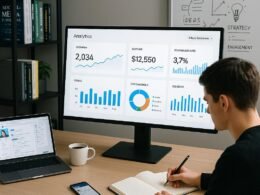 Person macht Notizen vor einem großen Bildschirm mit Analytics-Dashboards in einem modernen Büro mit Fachbüchern und Whiteboard für virale Content-Strategien