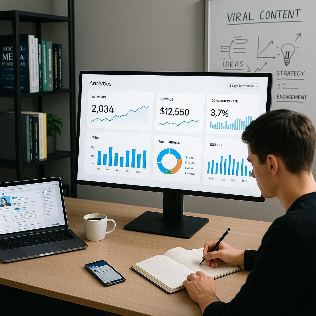 Person macht Notizen vor einem großen Bildschirm mit Analytics-Dashboards in einem modernen Büro mit Fachbüchern und Whiteboard für virale Content-Strategien