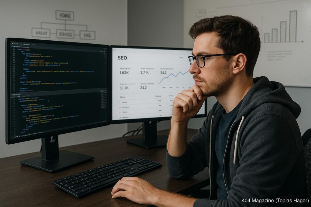 Professioneller Entwickler sitzt an einem modernen Arbeitsplatz, analysiert HTML, JavaScript und SEO-Tools, mit weißen Tafelnotizen im Hintergrund.