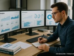 Marketing-Experte bei Arbeit an mehreren Monitoren mit Datenanalyse-Tools und Performance-Dashboards in hellem, technikgestütztem Umfeld