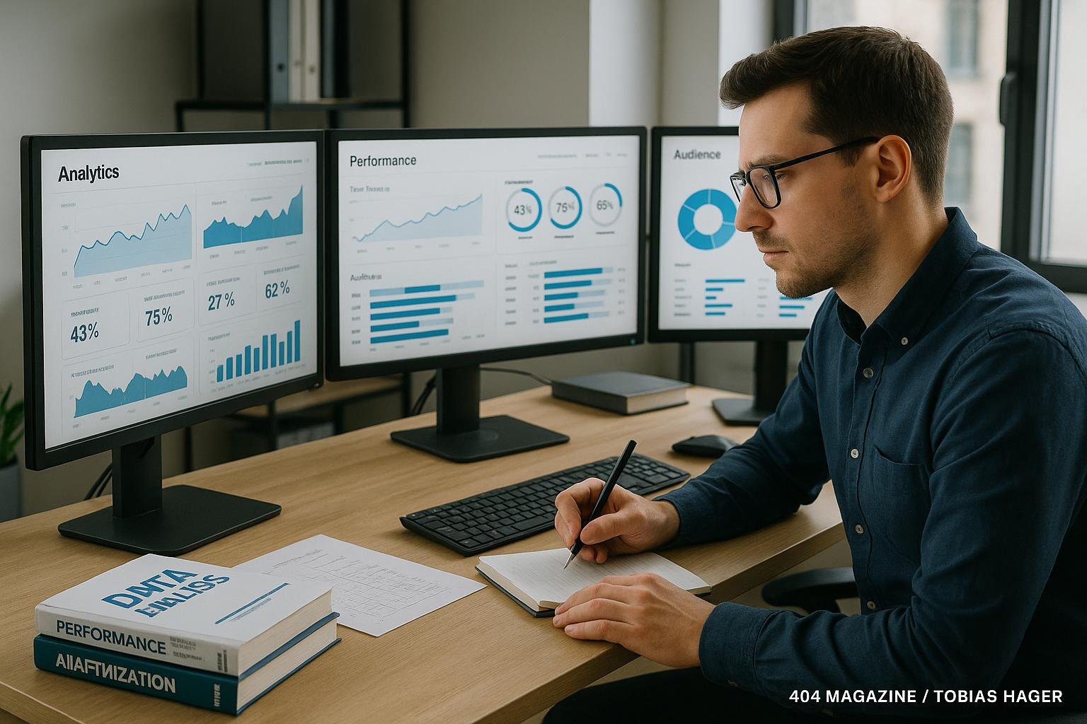 Marketing-Experte bei Arbeit an mehreren Monitoren mit Datenanalyse-Tools und Performance-Dashboards in hellem, technikgestütztem Umfeld