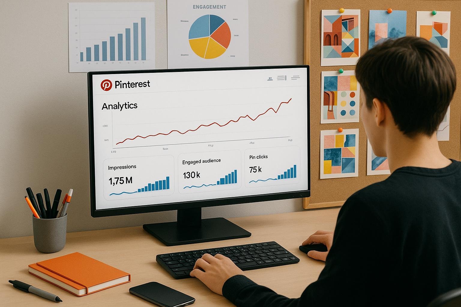 Person analysiert Pinterest-Statistiken auf einem großen Computerbildschirm in einem modernen Arbeitsbereich mit Moodboards und digitalen Geräten.