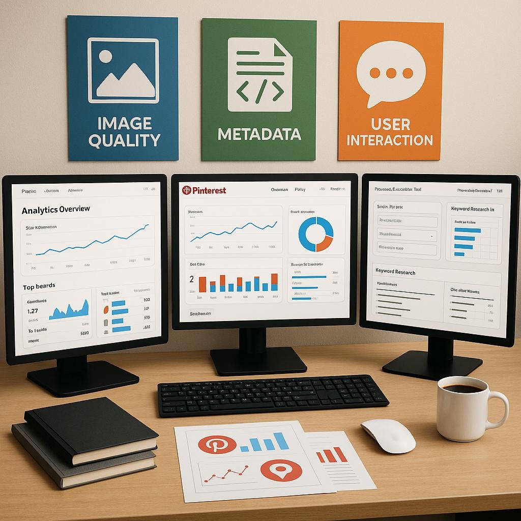 Moderner Arbeitsplatz für Social Media Strategien mit hochauflösenden Monitoren, Pinterest-Analysen, Grafiken, Notizbüchern, Tastatur, Maus und Kaffee im Hintergrund mit strategischen Postern.