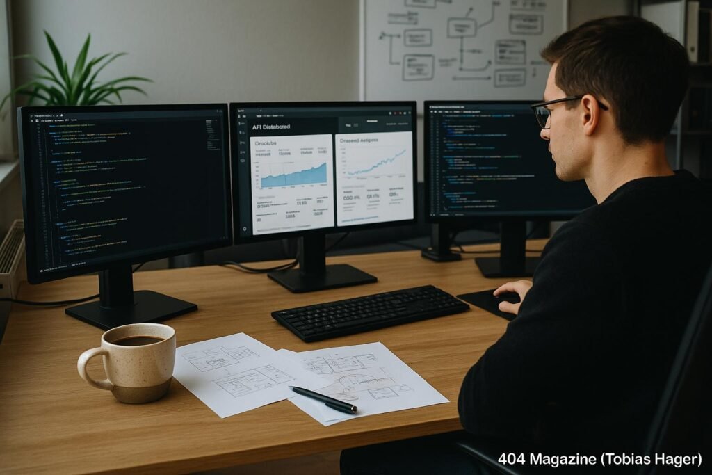 Modernes Arbeitszimmer mit mehreren Computerbildschirmen, Tassen, Notizblättern und technischen Geräten, Umgebung wirkt innovativ und professionell.