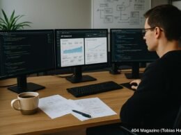 Modernes Arbeitszimmer mit mehreren Computerbildschirmen, Tassen, Notizblättern und technischen Geräten, Umgebung wirkt innovativ und professionell.