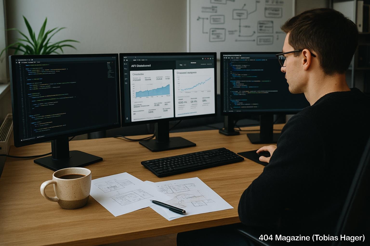 Modernes Arbeitszimmer mit mehreren Computerbildschirmen, Tassen, Notizblättern und technischen Geräten, Umgebung wirkt innovativ und professionell.