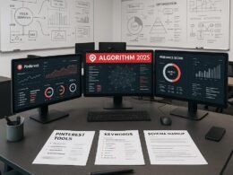 Modernes Büro mit Computerbildschirmen, Whiteboards und strategischen Tools für Pinterest-Algorithmen im Jahr 2025