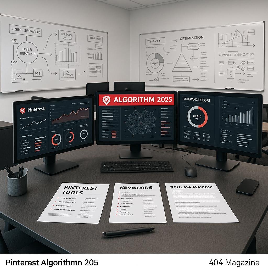 Modernes Büro mit Computerbildschirmen, Whiteboards und strategischen Tools für Pinterest-Algorithmen im Jahr 2025