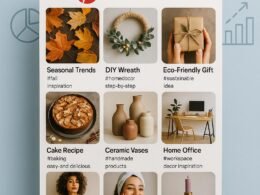Moderne Pinterest-Visualisierung mit Hand, die große Collage hält, umgeben von Datenanalyse- und Automatisierungssymbolen