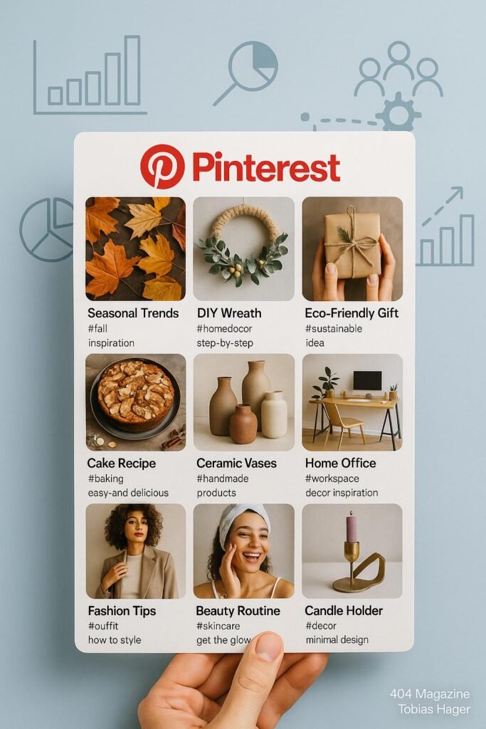 Moderne Pinterest-Visualisierung mit Hand, die große Collage hält, umgeben von Datenanalyse- und Automatisierungssymbolen