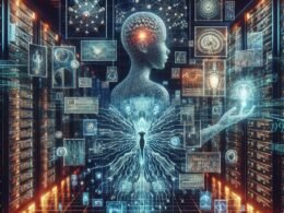 Digitale Collage zum Thema KI-generierte Pornografie mit neuronalen Netzwerken, Datenströmen und ethischen Grauzonen, erstellt von Tobias Hager für 404 Magazine.