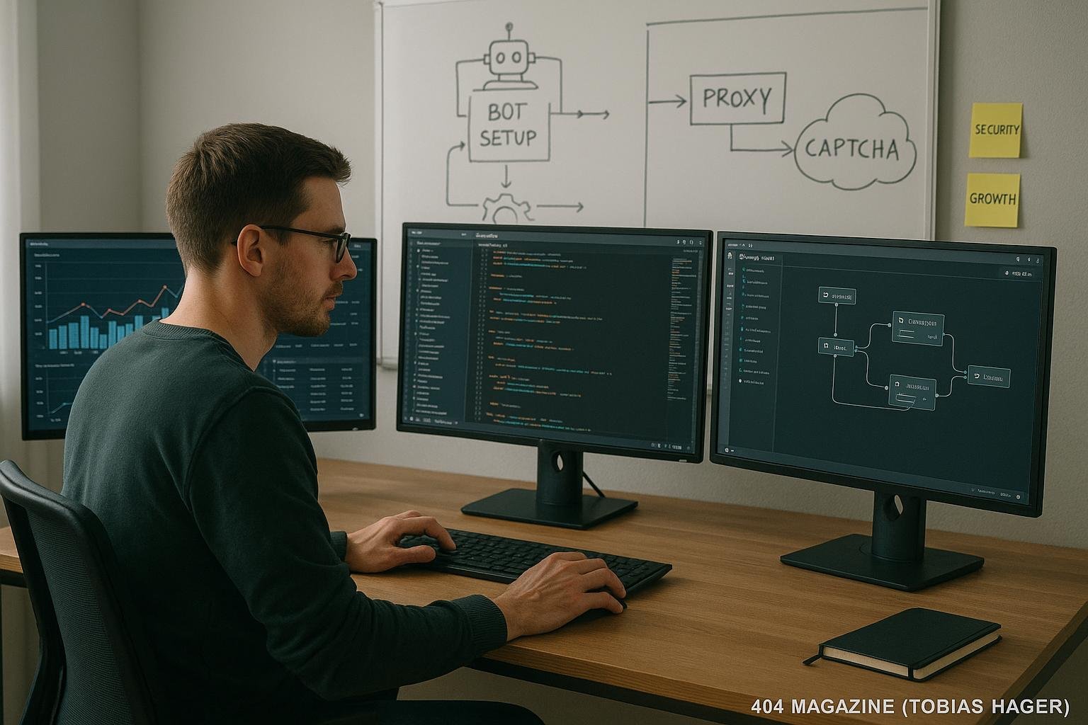 Modernes Büro mit mehreren Monitoren, Skizzen und Post-its, Person bei der Arbeit an Bot-Setups, Sicherheits- und Wachstumsstrategien
