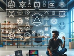 Designer in einem modernen, futuristischen Büro arbeitet an einem Laptop, während auf einem großen transparenten Bildschirm verschiedene Logo-Designs, Farbpaletten und geometrische Formen sichtbar sind.