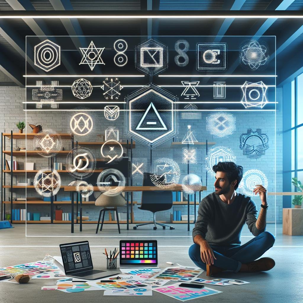 Designer in einem modernen, futuristischen Büro arbeitet an einem Laptop, während auf einem großen transparenten Bildschirm verschiedene Logo-Designs, Farbpaletten und geometrische Formen sichtbar sind.