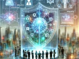 Diverse Entwickler und Geschäftsleute um einen transparenten digitalen Bildschirm mit KI-Daten, vor einer futuristischen Stadt mit vernetzten Knoten, geschützt durch ein leuchtendes Schild mit EU-Regulierungssymbolen.