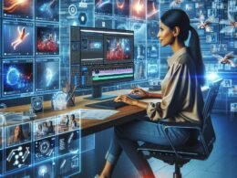 Ein moderner digitaler Arbeitsplatz mit einem Marketingprofi, der mehrere Bildschirme mit KI-generierten Bildern, Videos und Overlays bedient, um kreative Inhalte effizient zu erstellen.