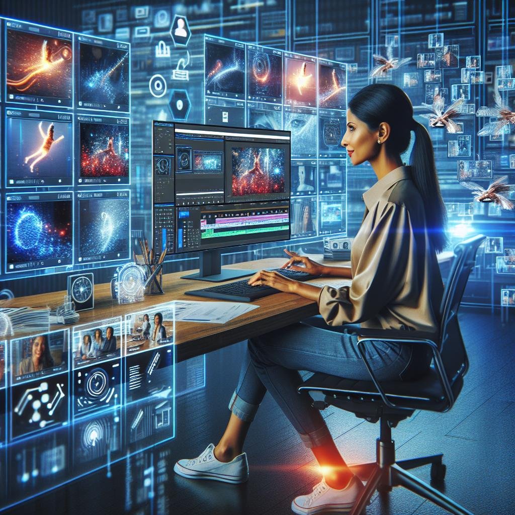 Ein moderner digitaler Arbeitsplatz mit einem Marketingprofi, der mehrere Bildschirme mit KI-generierten Bildern, Videos und Overlays bedient, um kreative Inhalte effizient zu erstellen.