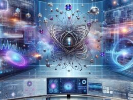 Futuristisches Quanten-KI-Labor mit holografischen Interfaces, Quantencomputern und Datenströmen für innovative Marketinganalysen