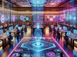 Futuristischer Marketing-Arbeitsbereich mit holografischen Datenprojektionen, modernen Geräten und einem vielfältigen Team, das kreative Strategien entwickelt, beleuchtet durch Neonlichter.